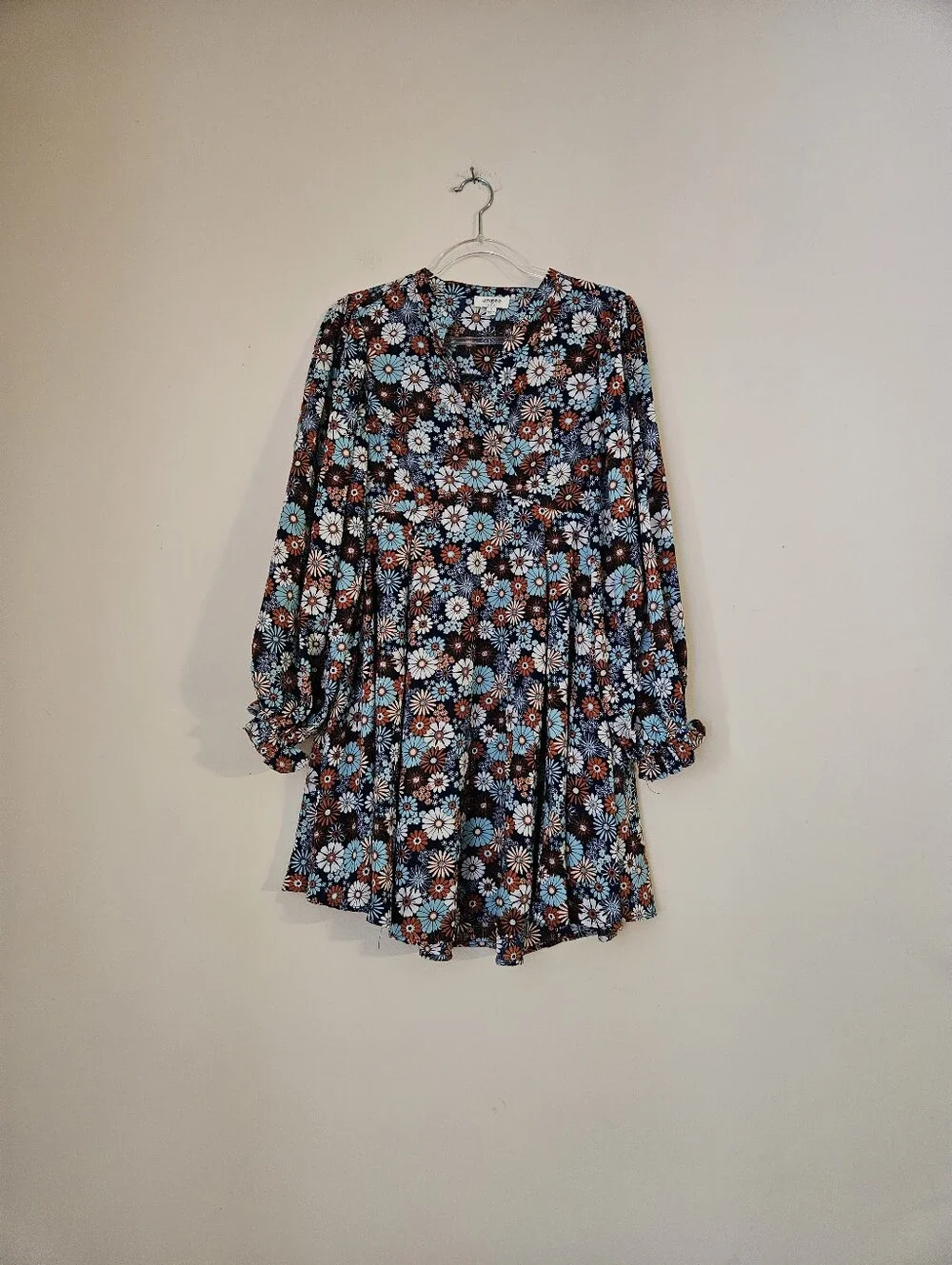 Umgee Navy Floral V-Neck Mini Dress, Size Small